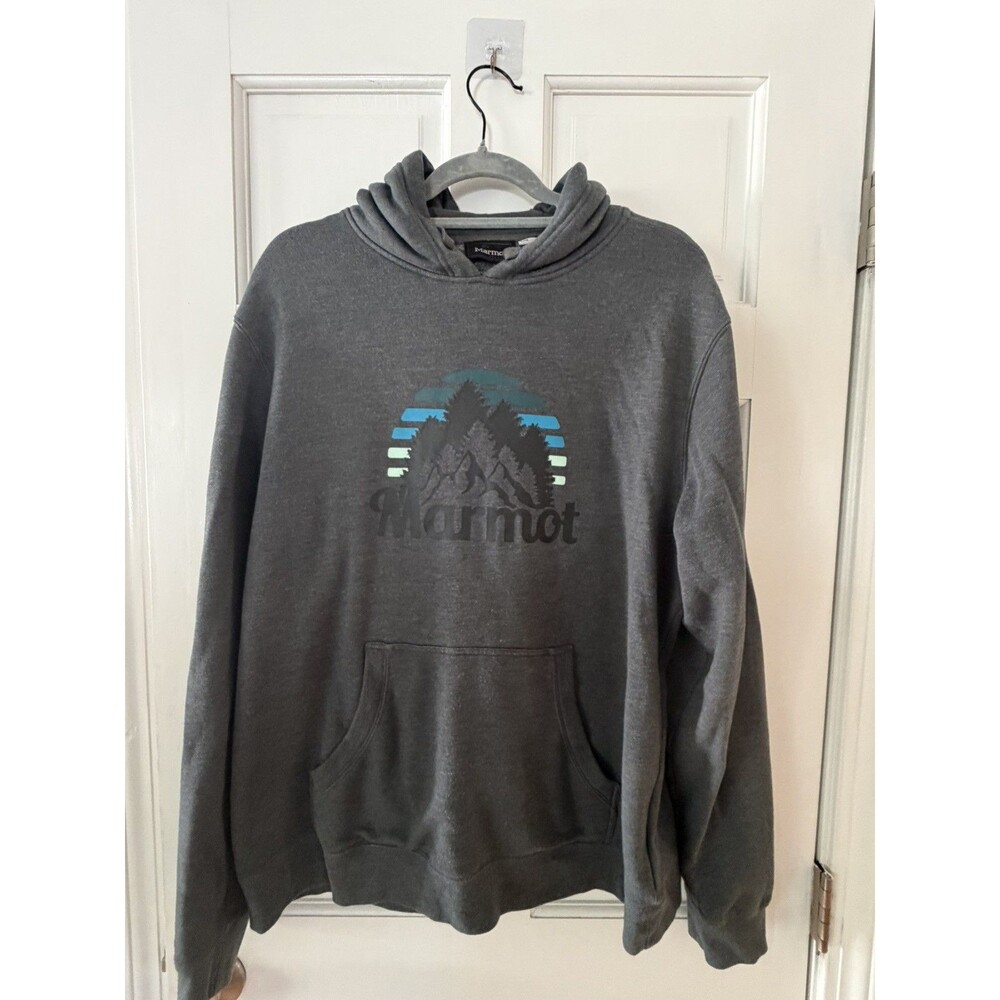 Marmot Men's L Gray Graphic Mountain Logo Pullover Hoodie Sweatshirt
